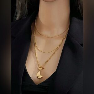 3 piece stainless steel butterfly pendant toggle necklace set